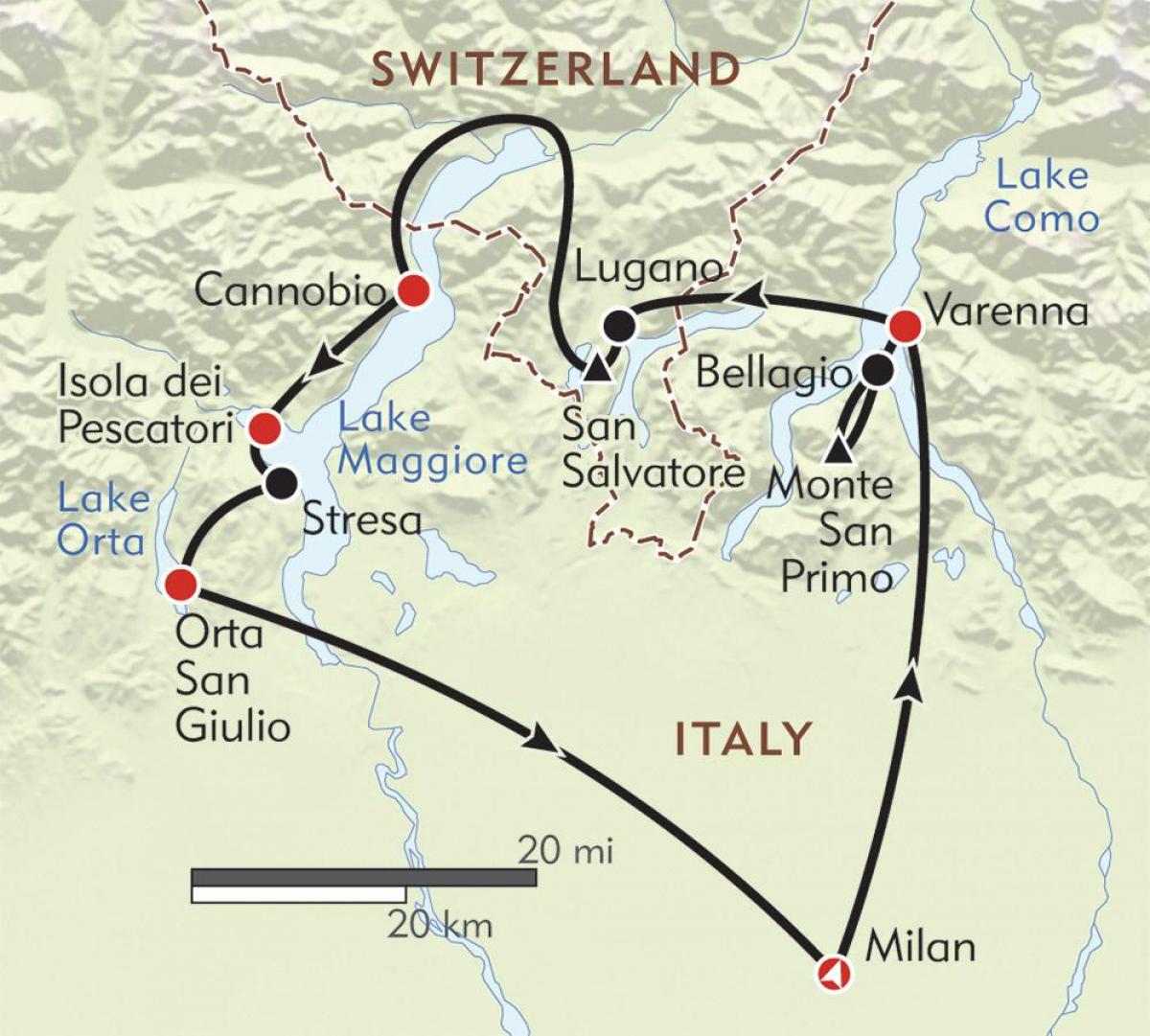 karta över milano och sjöarna